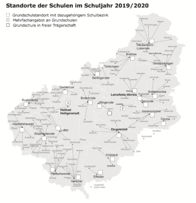 Topografische Karte des Landkreises Eichsfeld mit Darstellung der Verwaltungsgemeinschaften und Kennzeichnung der Standorte der Grundschulen.